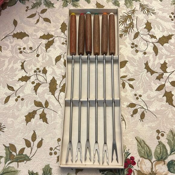 Stainless steel Fondue Forks 2 Prong Wood Handles with colored tip Mid Century - Picture 1 of 3